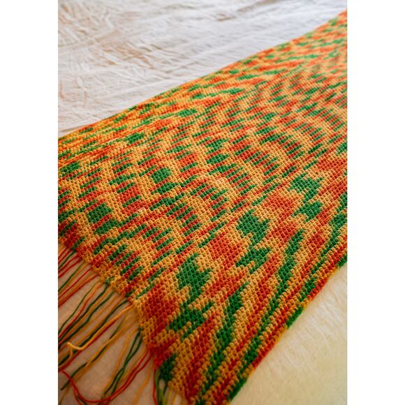 Vintage fringed crochet afghan, 70s orange! 69x27, Lap blanket, indie boho home - Picture 2 of 8